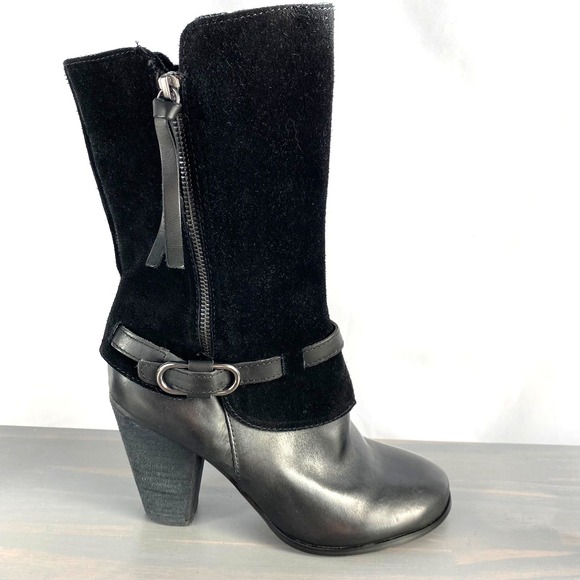 Kensie Hunter Mid-Calf Heel Boots Women 8.5M Black Leather Suede Shaft Boho NWOT - Picture 1 of 12
